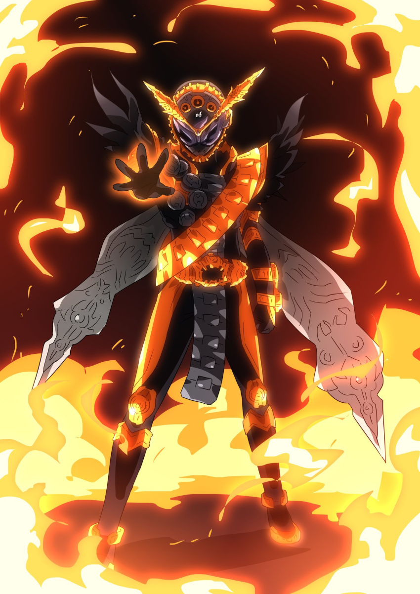 1boy, apocalypse, armor, black_armor, black_footwear, black_gloves, boots, clenched_hand