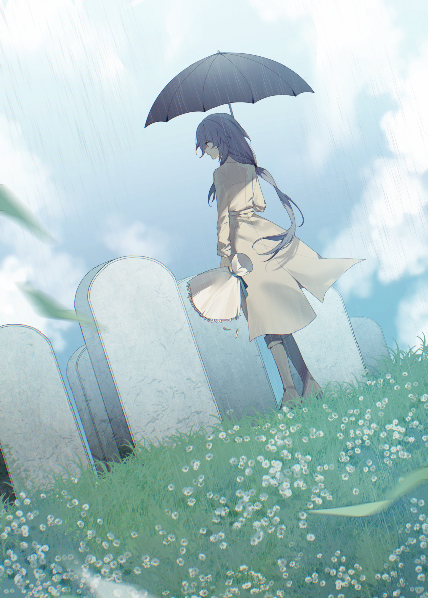 1girl, absurdres, alternate_costume, ankle_boots, boots, bouquet, closed_mouth, clouds