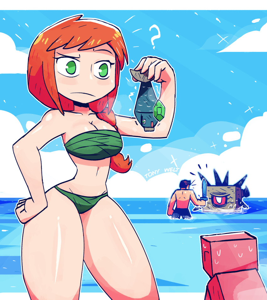 ?, absurdres, alex_(minecraft), bikini, elder_guardian_(minecraft), fish, fishing_rod, green_bikini