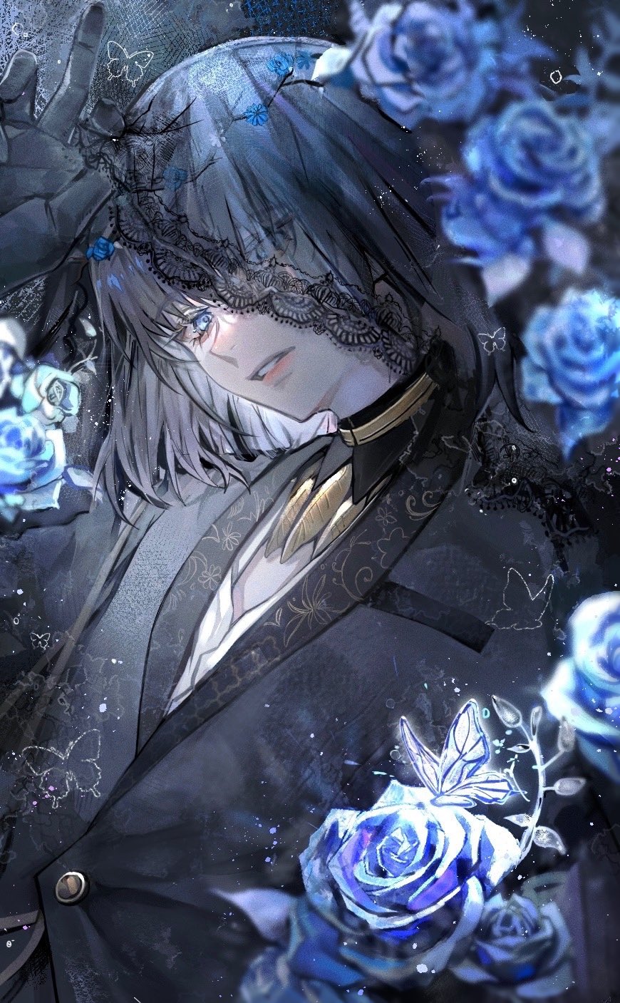 1boy, aqua_eyes, black_gloves, black_suit, blue_flower, blue_rose, bug, butterfly