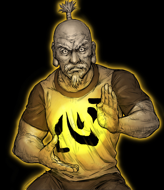 1boy, beard, biceps, black_background, clothes_writing, commentary_request, facial_hair, glowing