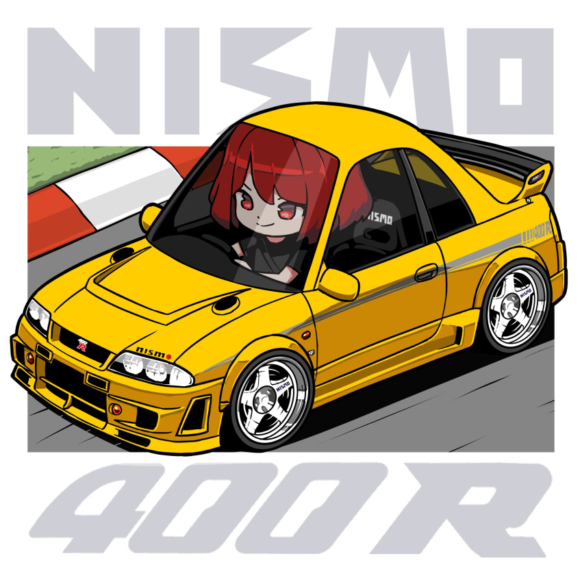 1girl, bimbombash, black_shirt, car, driving, highres, motor_vehicle, nissan, nissan_skyline, nissan_skyline_gt-r, nissan_skyline_r33, original, red_eyes, redhead, shirt, short_hair, smile, solo, spoiler_(automobile), sports_cae, t-shirt, vehicle_focus, yellow_car