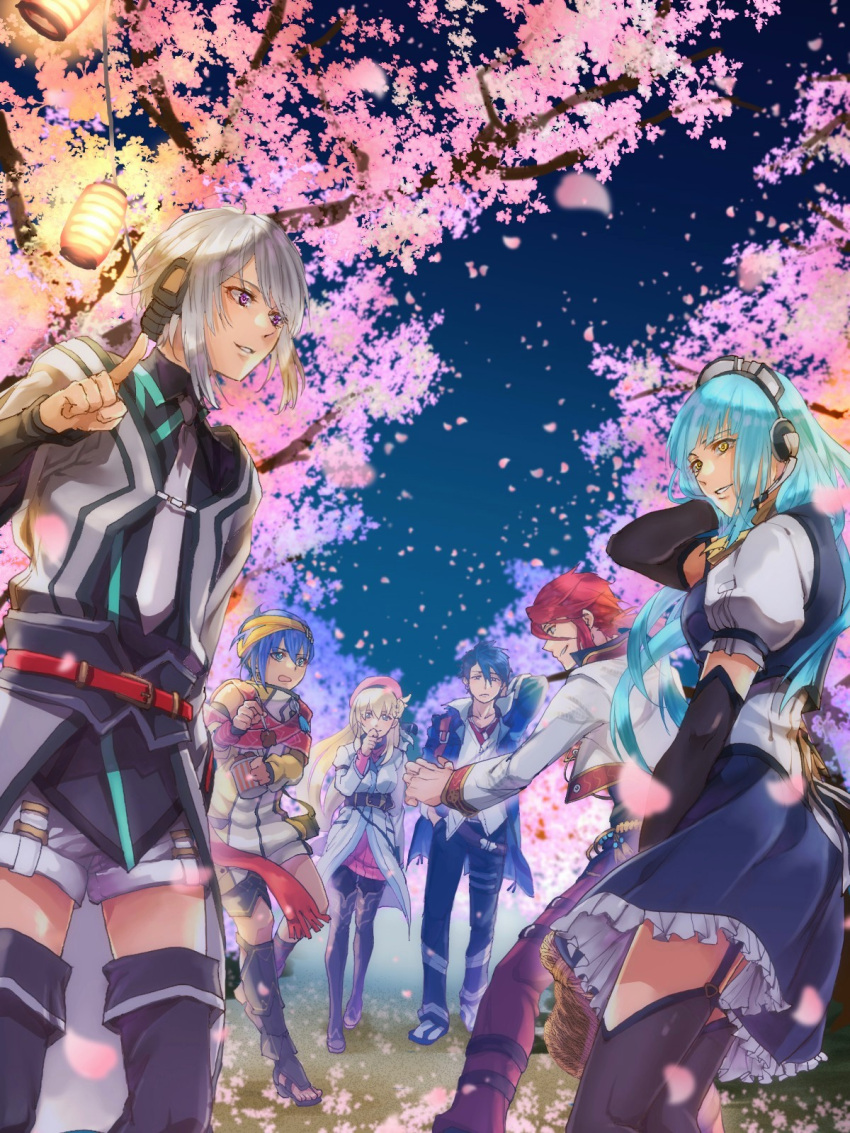 3boys, 3girls, aaron_wei, agnes_claudel, apron, blonde_hair, blue_hair, cherry_blossoms