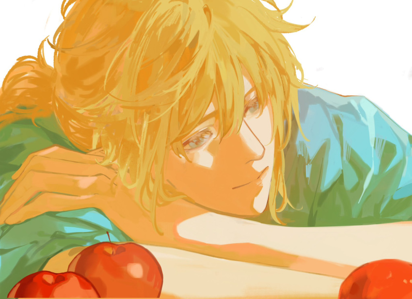 1boy, apple, bishounen, blonde_hair, blue_eyes, blue_tunic, food, fruit