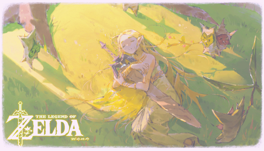 absurdres, armlet, blonde_hair, closed_eyes, dress, grass, highres, kchang57