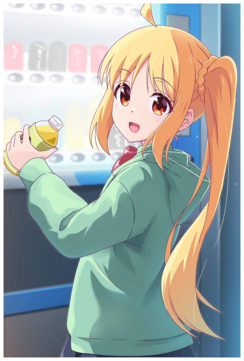 1girl, :d, ahoge, blonde_hair, blue_jacket, blue_skirt, blush, bocchi_the_rock!