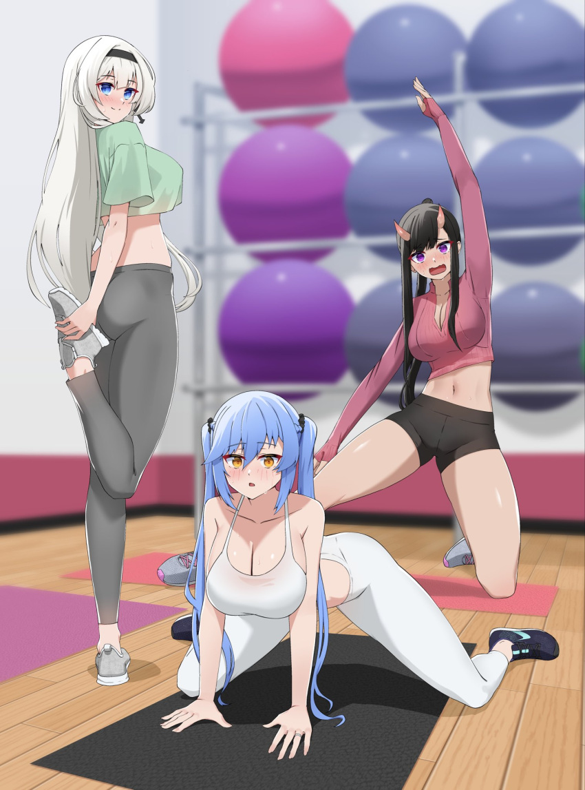 3girls, azur_lane, ball, black_hair, blue_eyes, blue_hair, breasts, essex_(azur_lane)