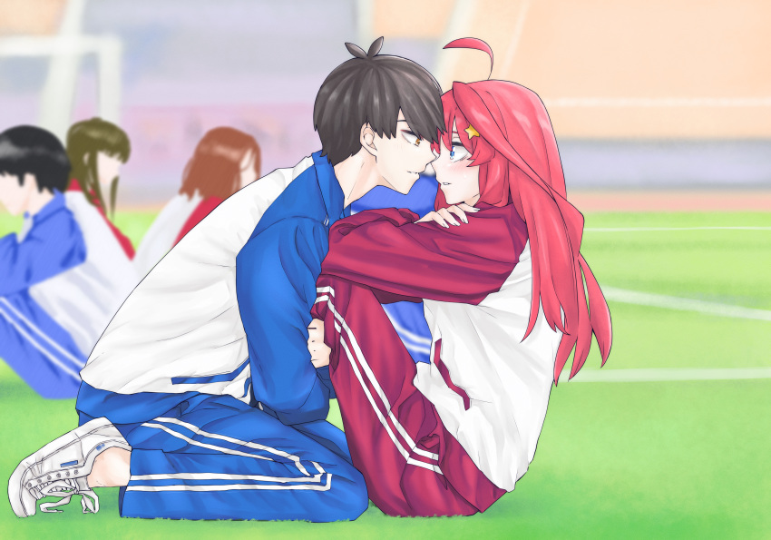 1boy, 1girl, absurdres, ahoge, black_hair, blue_eyes, blue_track_suit, blurry