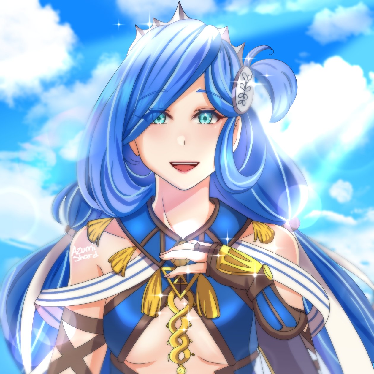 1girl, artist_name, azumishard, blue_hair, clouds, crown, dana_(ys), elbow_gloves