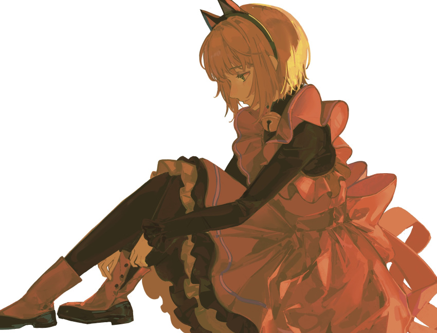 1girl, absurdres, animal_ears, apron, bell, black_dress, black_pantyhose, boots