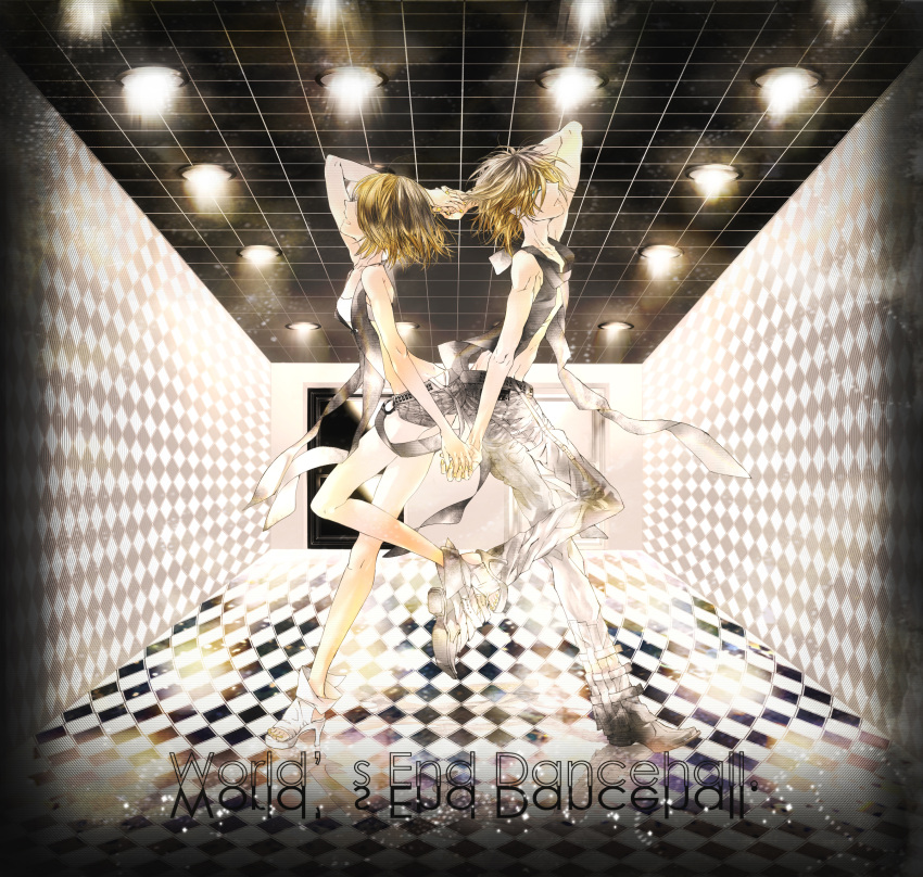 belt, blonde_hair, brother_and_sister, dancing, ebisu_kana, high_heel, highres, holding_hands, kagamine_len, kagamine_rin, necktie, short_hair, shorts, siblings, twins, vocaloid, world's_end_dancehall_(vocaloid), world's_end_dancehall_(vocaloid)