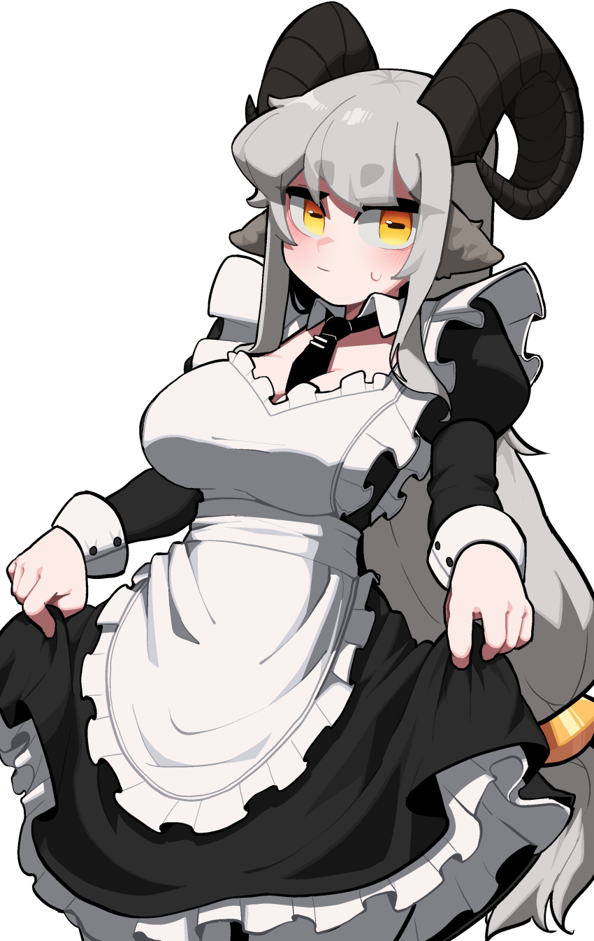 1girl, absurdres, apron, breasts, closed_mouth, clothes_lift, dress, dress_lift