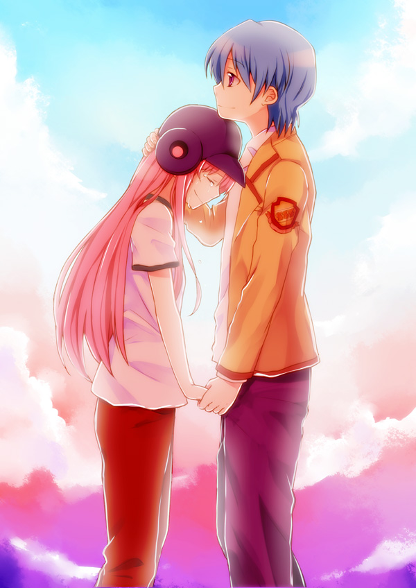 1girl, angel_beats!, baseball_helmet, blue_hair, chin_rest, couple, hand_on_head, helmet