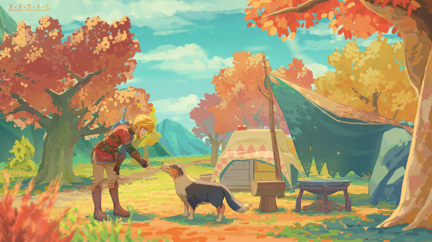 absurdres, autumn_leaves, campfire, clouds, dog, highres, hylian_set_(zelda), light_brown_hair