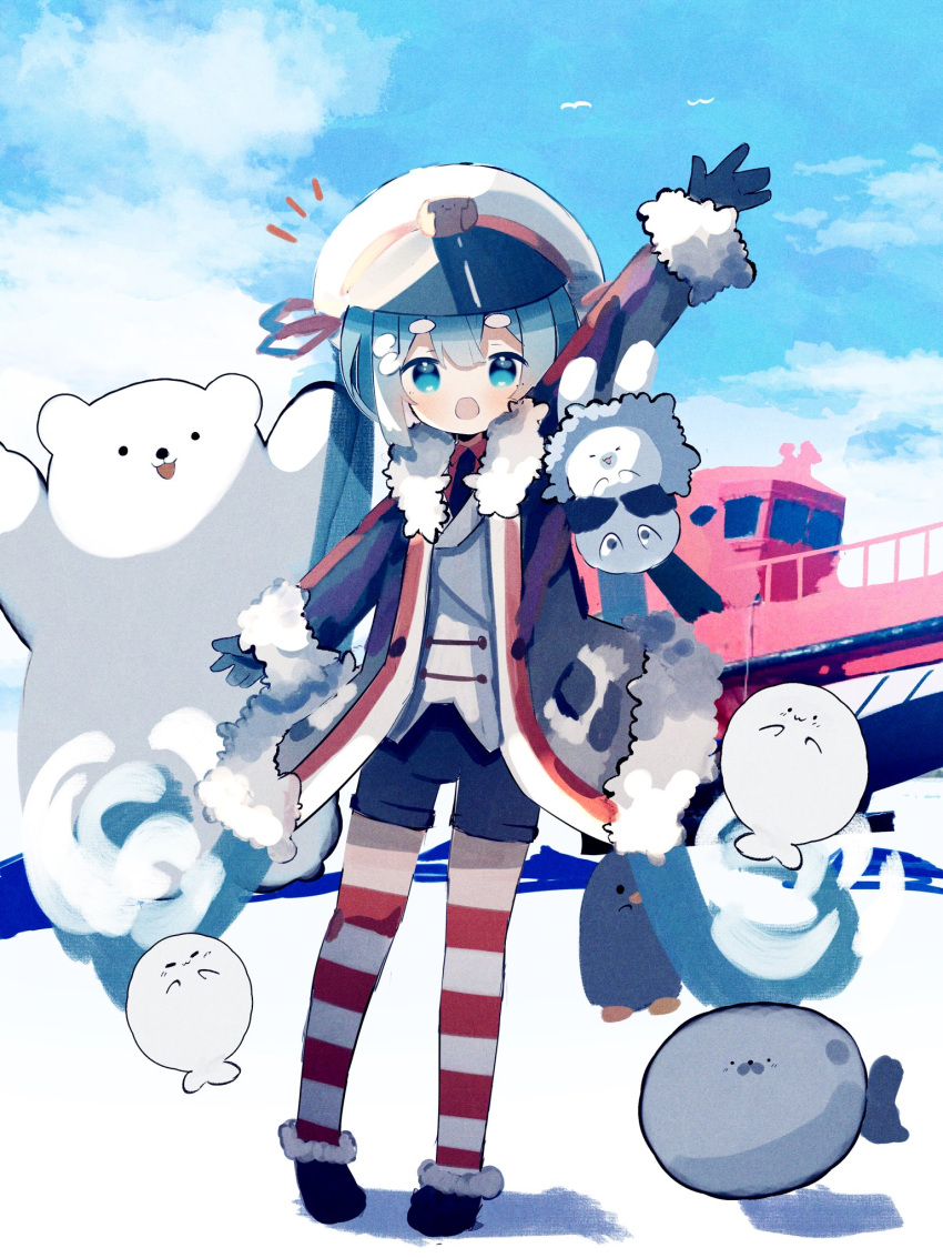 1girl, :o, animal, arm_up, bear, bird, black_coat, black_footwear
