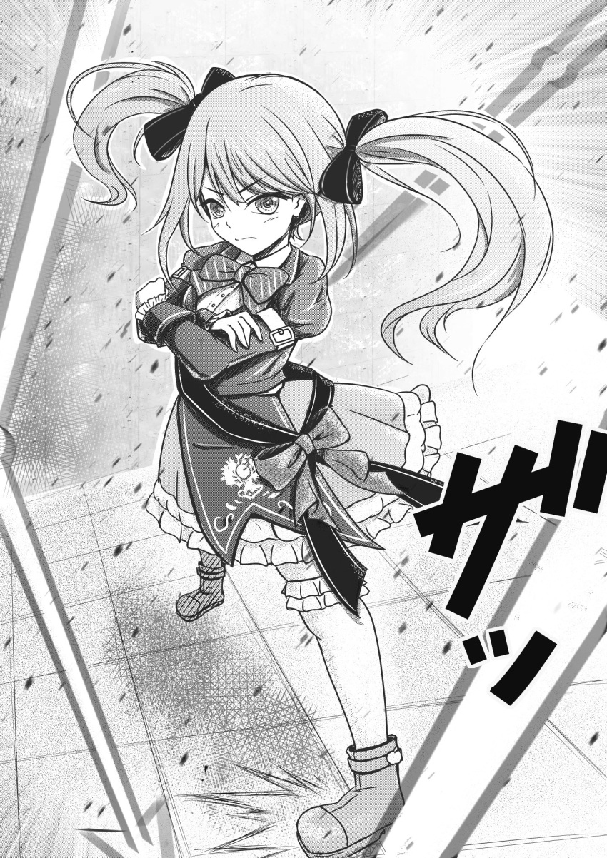 1girl, ankle_boots, arm_belt, assault_lily, boots, bow, bowtie, breasts