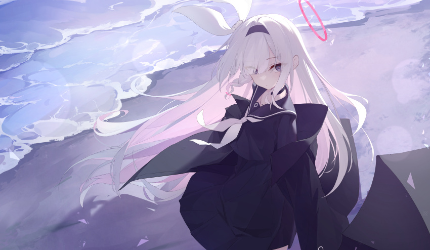1girl, a.r.o.n.a_(blue_archive), absurdres, beach, black_choker, black_coat, black_eyes, black_hairband