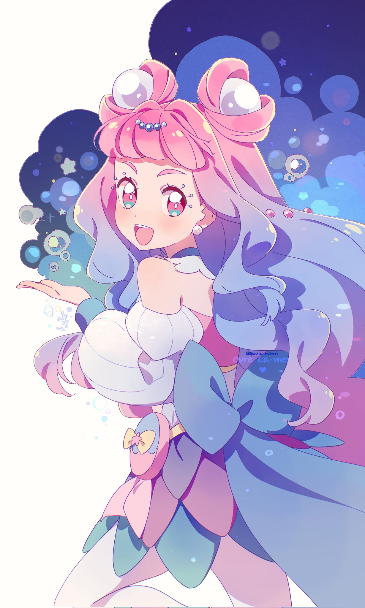 back_bow, blue_bow, blue_hair, blush, bow, bubble, choker, commentary