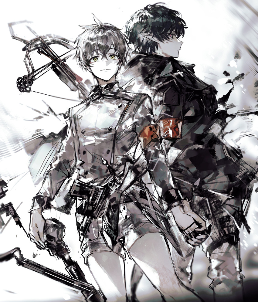 2boys, absurdres, arknights, armband, black_hair, black_jacket, crossbow, eyeshadow