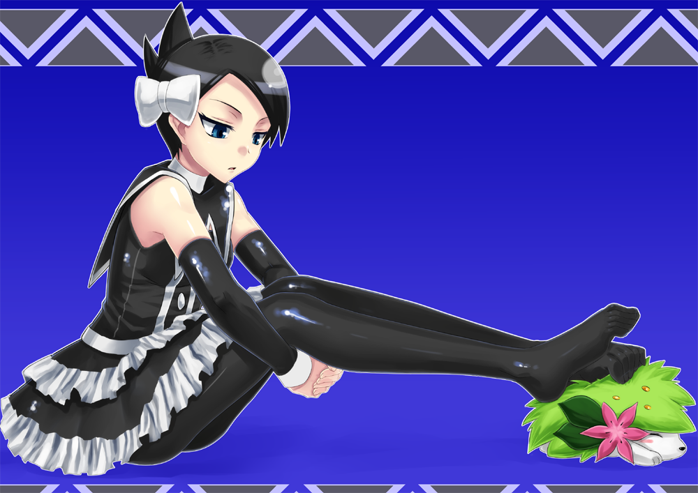 black_hair, blue_eyes, bow, detached_sleeves, feet, gothic_lolita, hair_bow, legs, lolita_fashion, marley_(pokemon), minarai, minarai_honpo, nintendo, no_shoes, pantyhose, pokemon, pokemon_(game), pokemon_dppt, shaymin, shiny, shiny_clothes