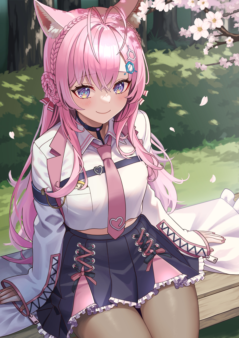 1girl, animal_ear_fluff, animal_ears, antenna_hair, belt, black_belt, black_choker, black_ribbon, black_skirt, braid, braided_bun, brown_pantyhose, cherry_blossoms, chest_belt, choker, closed_mouth, coat, collared_shirt, crown_braid, fingernails, frilled_skirt, frills, hair_between_eyes, hair_bun, hair_ribbon, hakui_koyori, hexagon_hair_ornament, highres, hololive, imahuku, labcoat, long_hair, long_sleeves, midriff_peek, nail_polish, necktie, outdoors, pantyhose, pink_hair, pink_nails, pink_necktie, pink_ribbon, pink_skirt, pocket_watch, red_ribbon, ribbon, shirt, sitting, skirt, sleeves_past_wrists, smile, solo, spring_(season), tie_clip, tree, two-tone_skirt, violet_eyes, virtual_youtuber, watch, white_coat, white_shirt, wolf_ears, wolf_girl