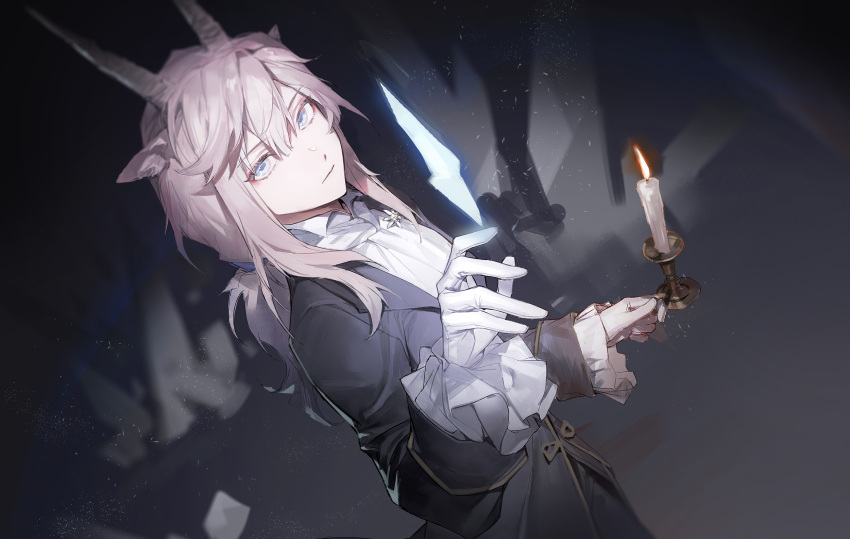 1girl, alternate_costume, animal_ears, arknights, ascot, blue_eyes, candle, candlestand