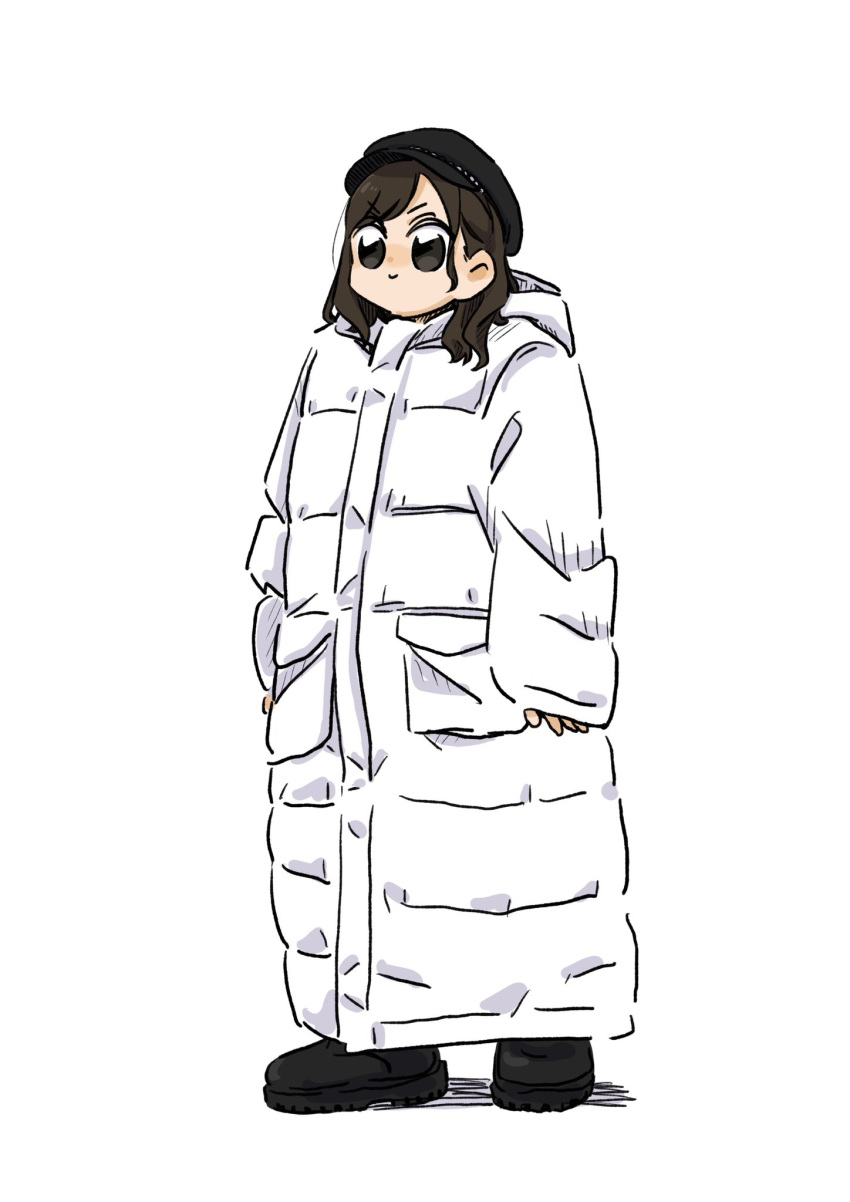 1girl, animification, black_eyes, black_footwear, black_headwear, boots, character_request, down_jacket