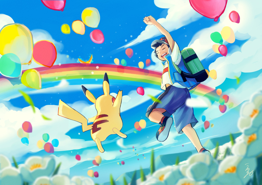 1boy, :d, absurdres, arm_up, ash_ketchum, backpack, bag, balloon