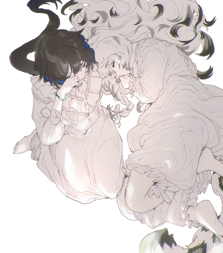 2girls, absurdres, alternate_costume, arknights, black_hair, blue_hair, bracelet, braid