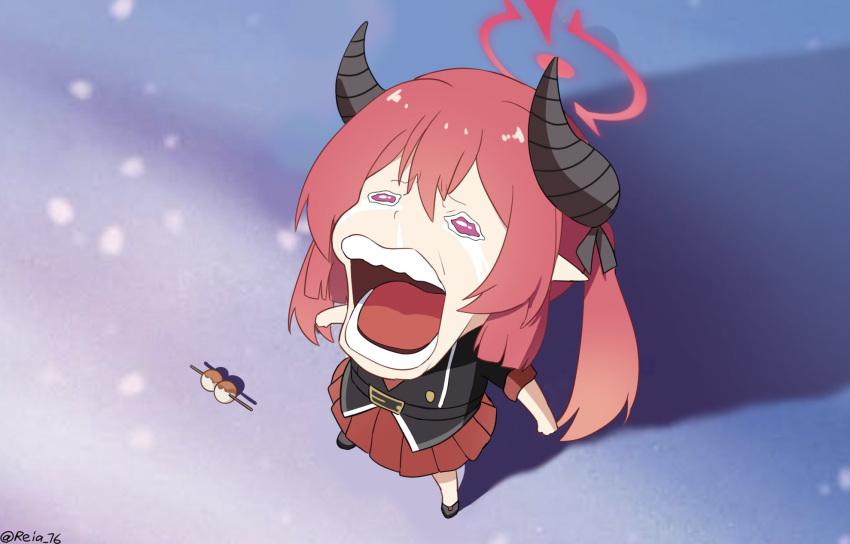 1girl, black_footwear, black_horns, black_shirt, blue_archive, chibi, chopper_crying_(meme), dango