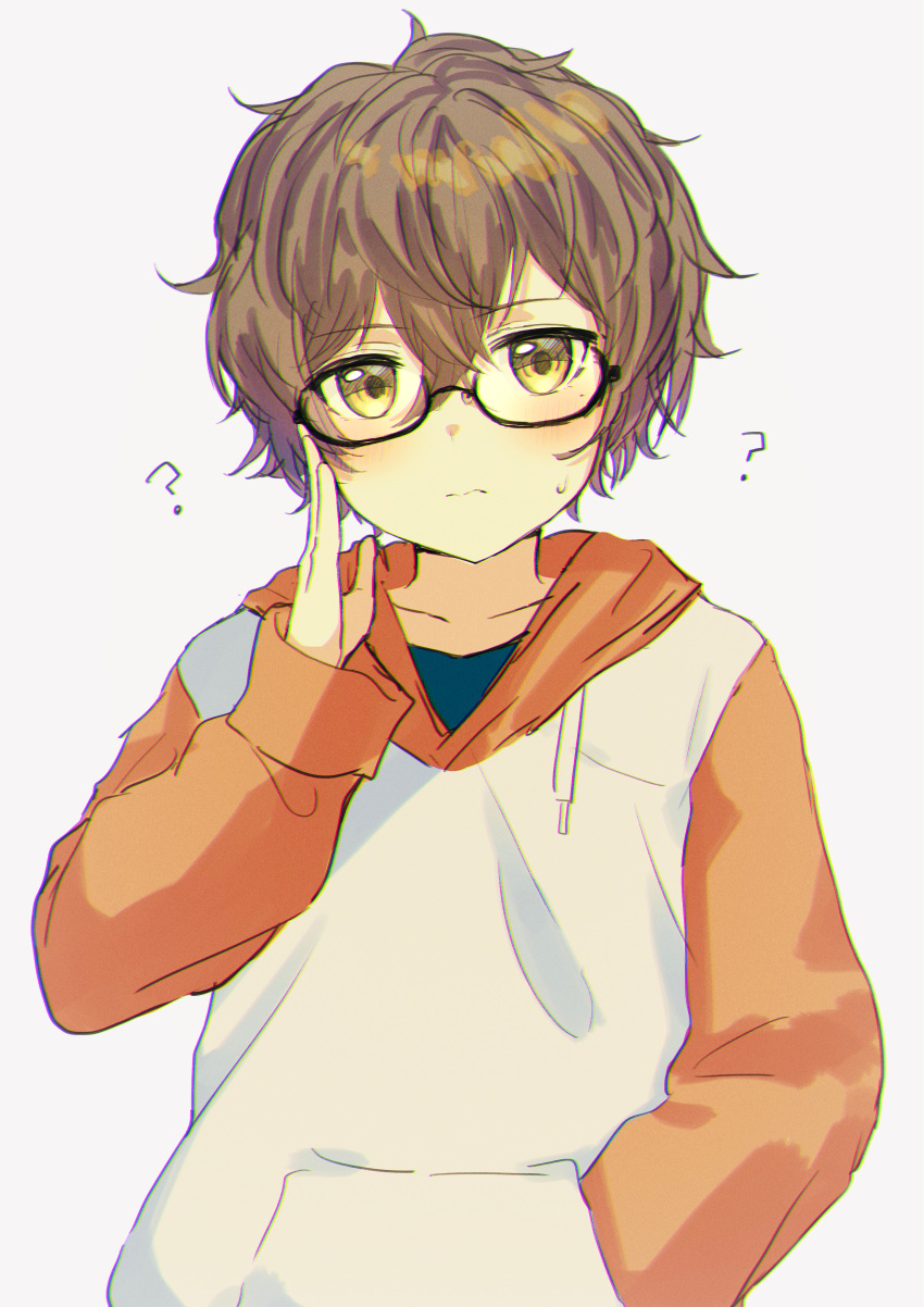 1boy, ?, absurdres, adjusting_eyewear, black_shirt, blush, brown_hair, collarbone