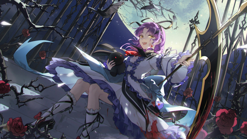 1girl, absurdres, ascot, bird, black_footwear, black_ribbon, blood, blood_on_clothes