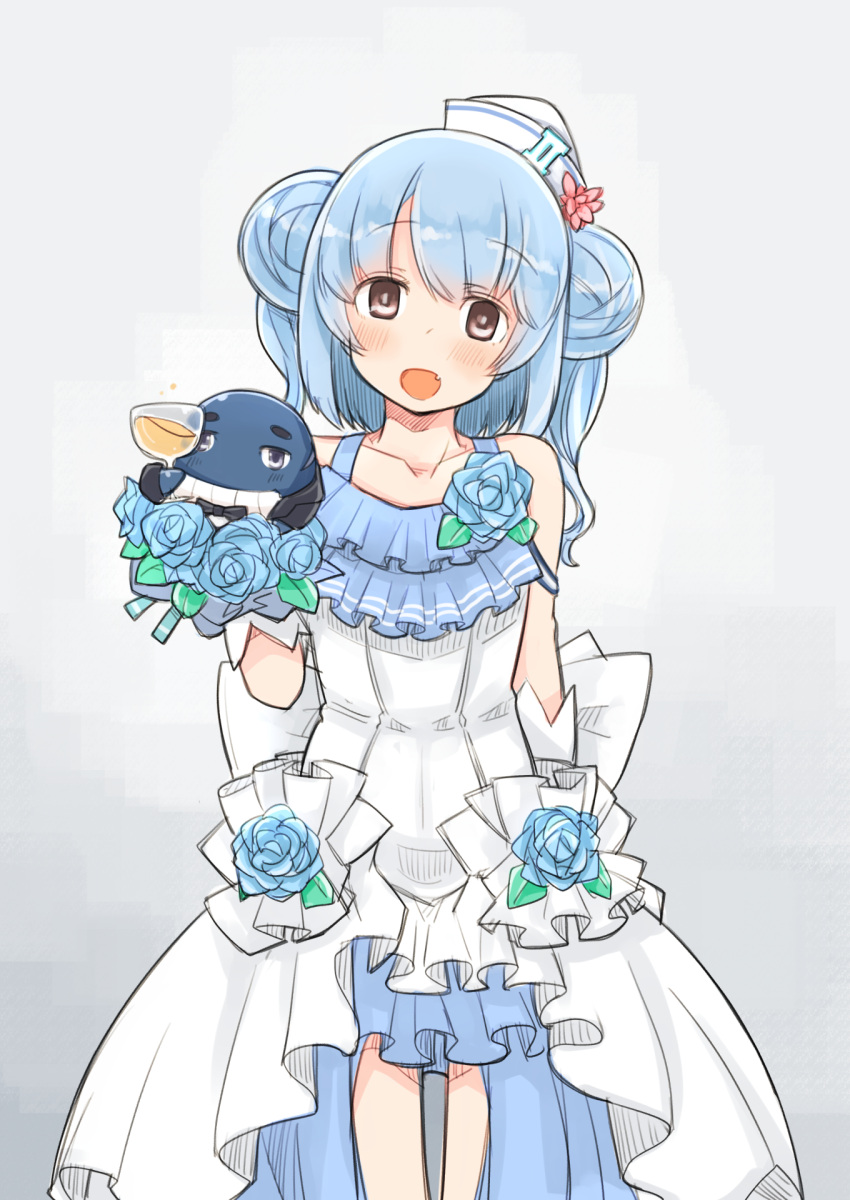 1girl, black_ribbon, blue_flower, blue_hair, blue_rose, bouquet, collarbone, commentary_request