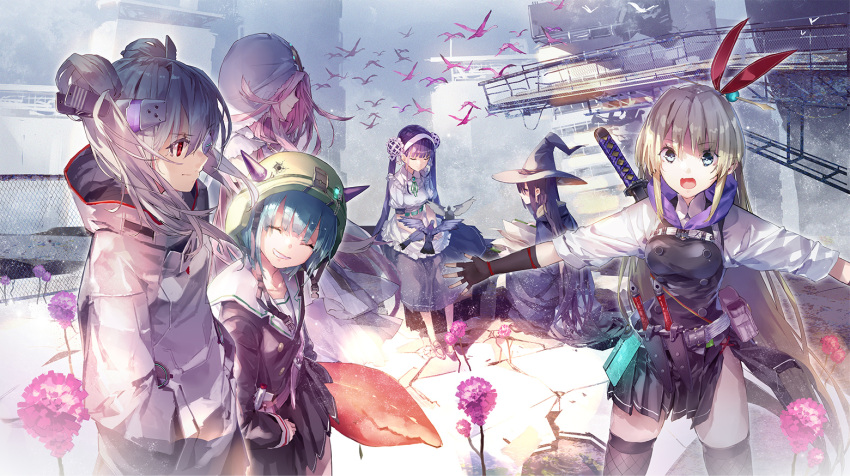 6+girls, apron, belt, bird, bird_on_hand, black_gloves, black_hair, black_skirt