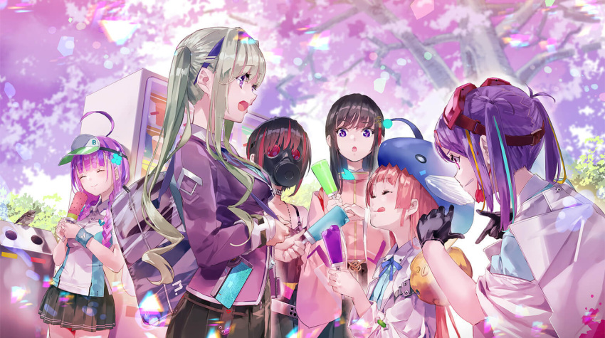 6+girls, :q, ahoge, black_gloves, black_hair, black_skirt, blue_ribbon, cherry_blossoms