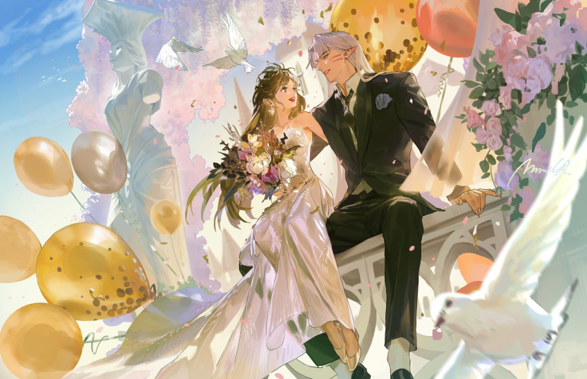 1boy, 1girl, balloon, bird, black_footwear, black_jacket, black_pants, bouquet