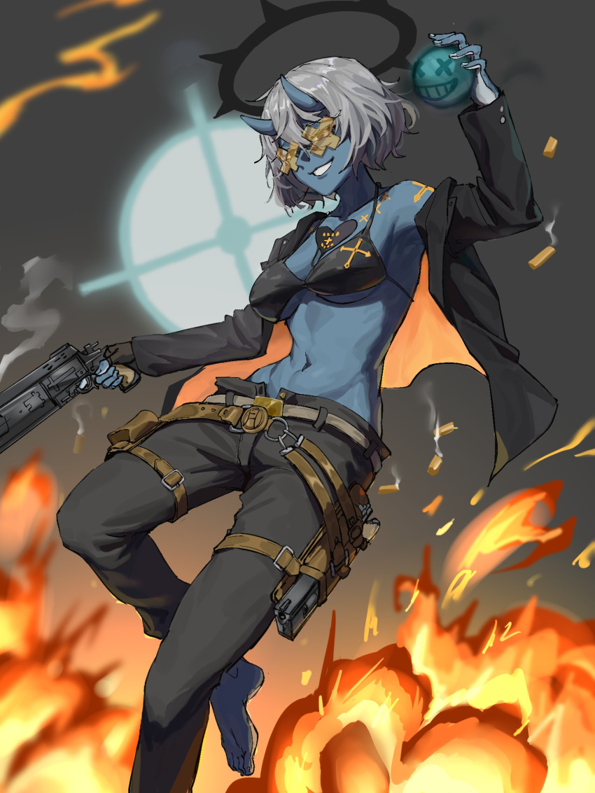 1girl, bikini, black_bikini, black_pants, blue_horns, blue_skin, boogieleo5, breasts, chest_tattoo, colored_skin, compass_rose_halo, dark_halo, dual_wielding, finger_on_trigger, fire, firing, genderswap, genderswap_(mtf), grey_hair, grin, guilty_gear, guilty_gear_strive, gun, halo, happy_chaos, heart, heart_tattoo, highres, holding, holding_gun, holding_weapon, holster, horns, long_sleeves, looking_at_viewer, medium_breasts, navel, off_shoulder, orange-tinted_eyewear, pants, smile, swimsuit, tattoo, tinted_eyewear, too_many_belts, weapon, x-shaped_eyewear