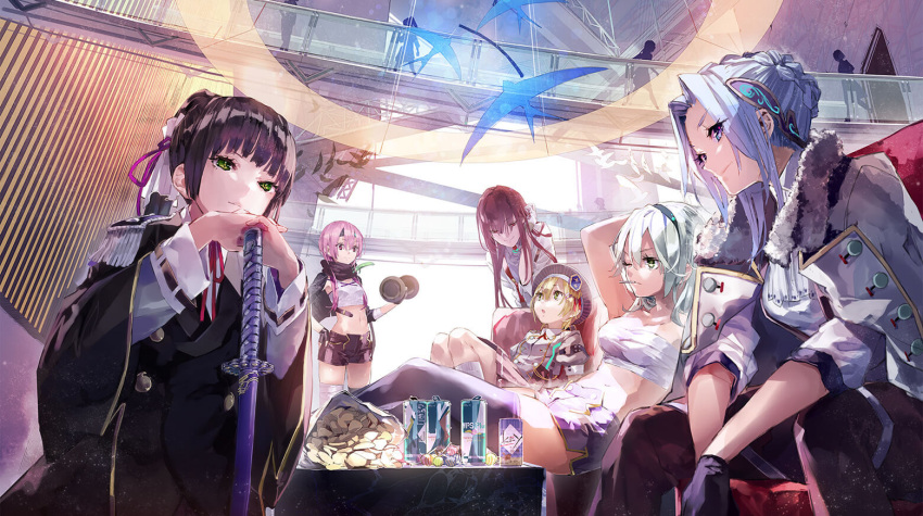 6+girls, bird, black_gloves, black_hair, blonde_hair, blue_eyes, buttons, can