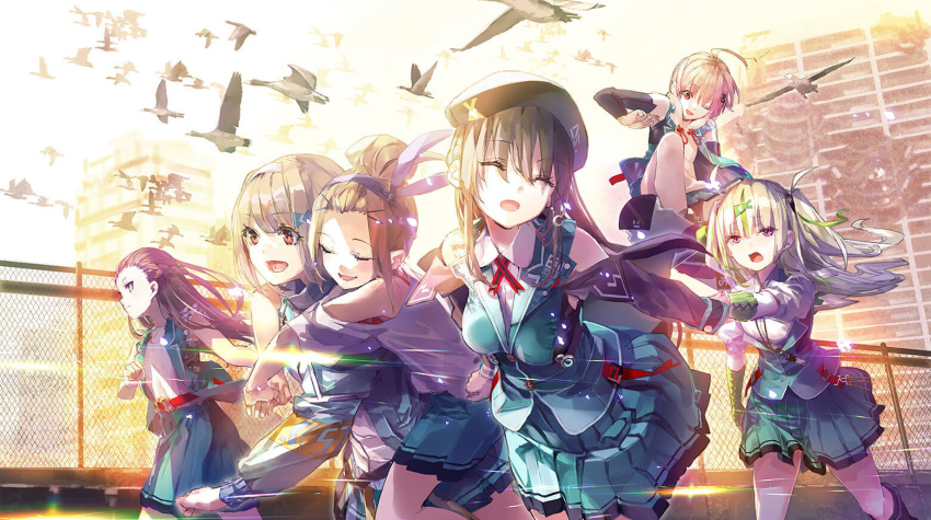 belt, beret, blonde_hair, boots, breasts, brown_hair, carrying, detached_sleeves