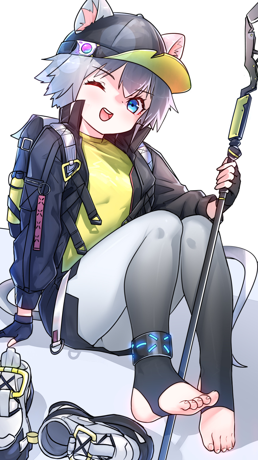 1girl, absurdres, animal_ears, arknights, blue_eyes, click_(arknights), feet, fingerless_gloves