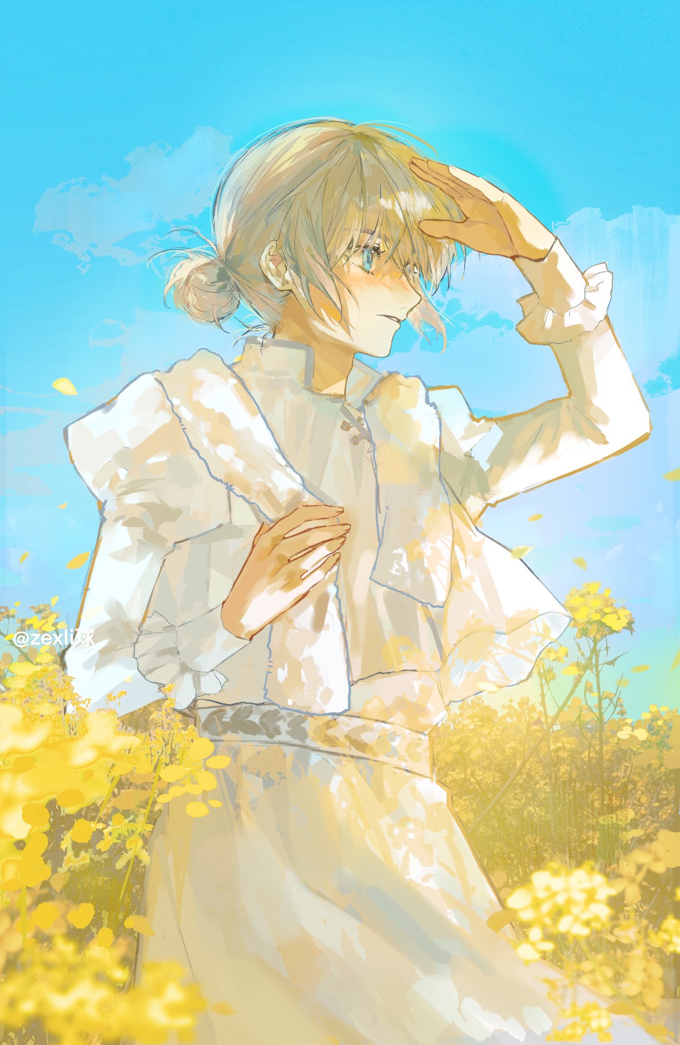 1boy, blonde_hair, blue_eyes, cowboy_shot, fate/grand_order, fate_(series), field, flower