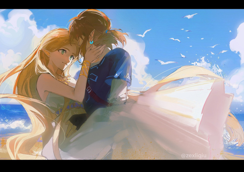 1boy, 1girl, bare_shoulders, blonde_hair, blue_tunic, bracer, carrying, couple