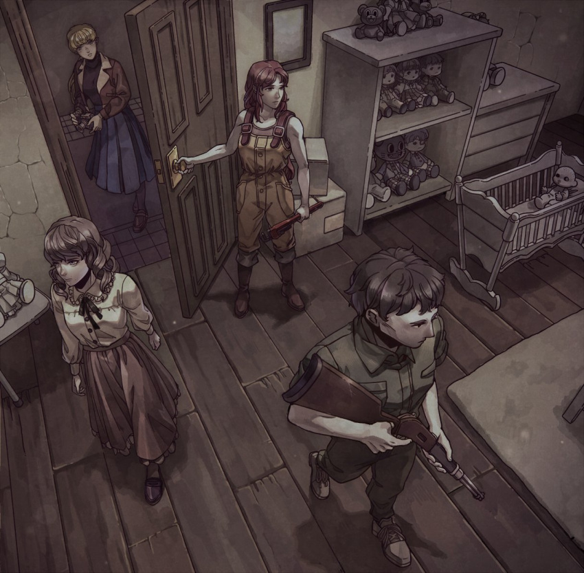 1boy, 3girls, abella_(fear_&amp;_hunger), black_hair, black_shirt, blonde_hair, blue_dress, box