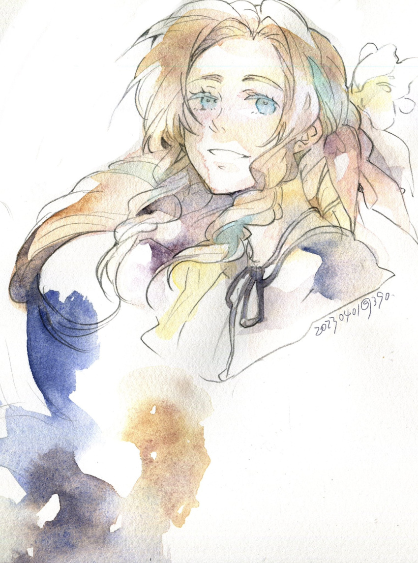 1girl, aerith_gainsborough, braid, braided_ponytail, brown_hair, choker, dated, final_fantasy, final_fantasy_vii, genpai39, green_eyes, hair_ribbon, highres, long_hair, looking_to_the_side, painting_(medium), parted_bangs, parted_lips, pink_ribbon, ribbon, ribbon_choker, sidelocks, single_braid, smile, solo, traditional_media, upper_body, watercolor_(medium), wavy_hair