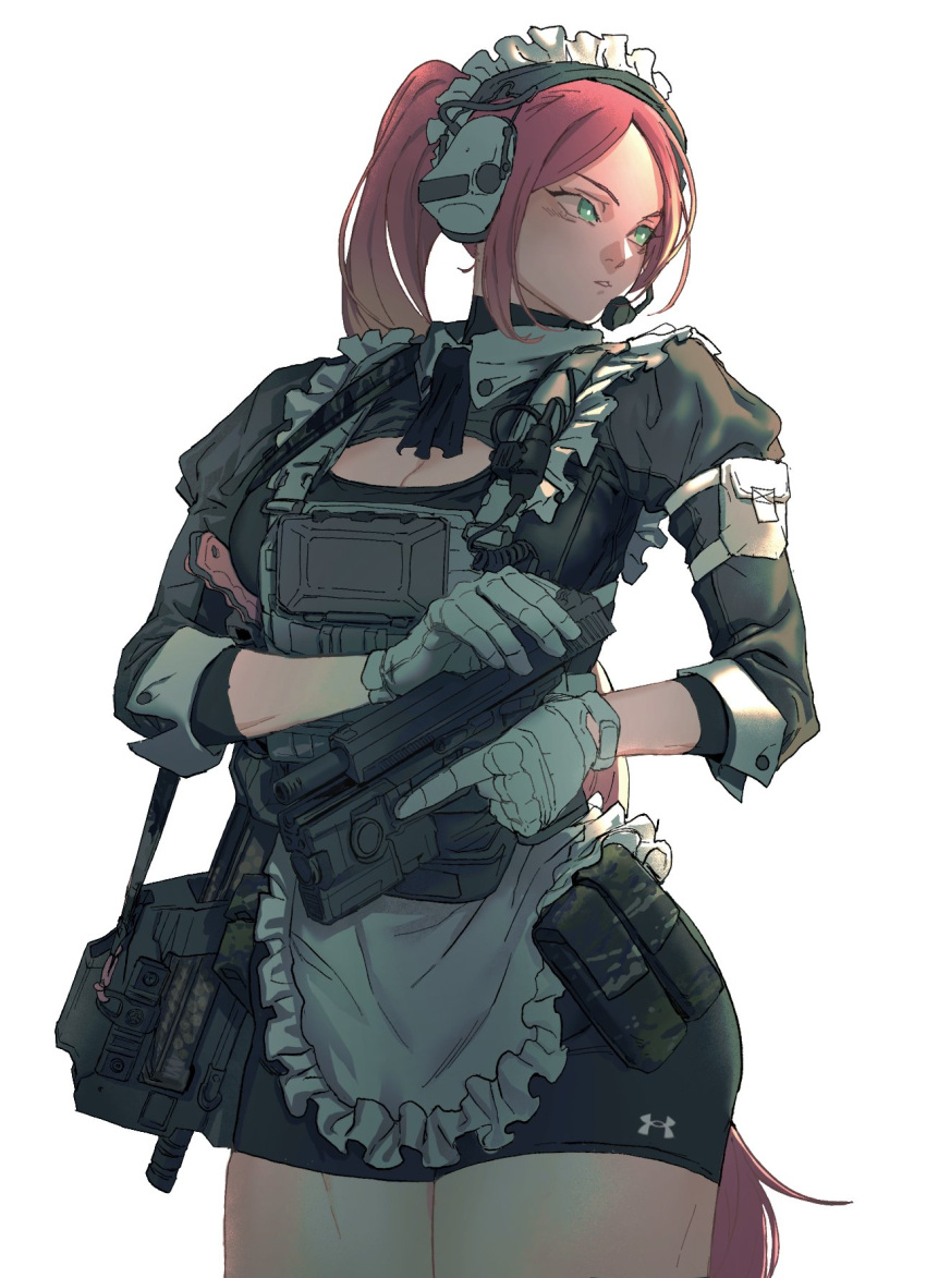 1girl, apron, black_jacket, black_shorts, breasts, camouflage, cocking_gun, gloves, green_eyes, gun, h&amp;k_mark_23, handgun, highres, iridescent, jacket, looking_to_the_side, maid, maid_apron, maid_headdress, original, ponytail, redhead, shorts, solo, tactical_maid, thighs, weapon, white_apron, white_background, white_gloves, xxmaxturbo69xx