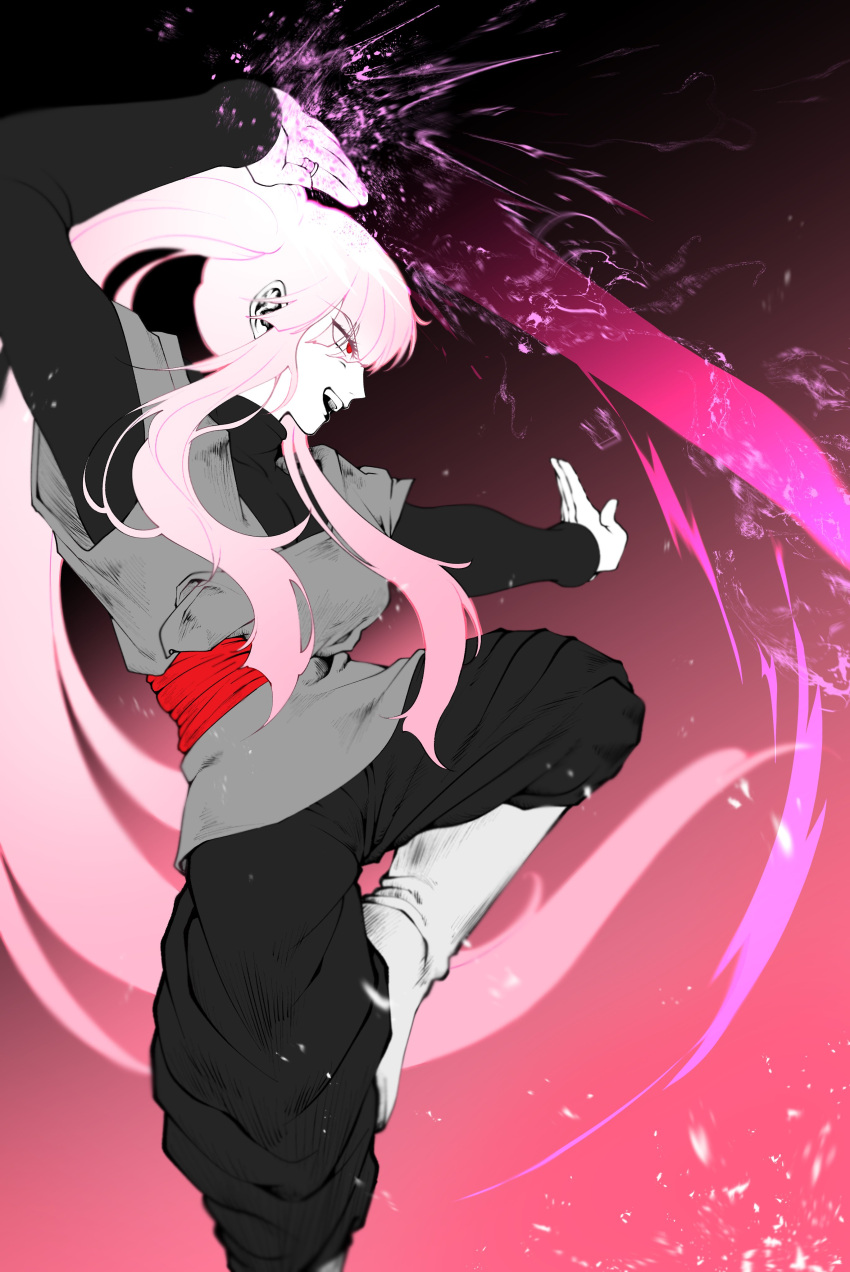 1girl, absurdres, action_pose, alternate_costume, chi-chi_(dragon_ball), clinrollmuri, crazy_eyes, dragon_ball, dragon_ball_super, goku_black, highres, long_hair, pink_background, pink_hair, red_eyes, sword, weapon