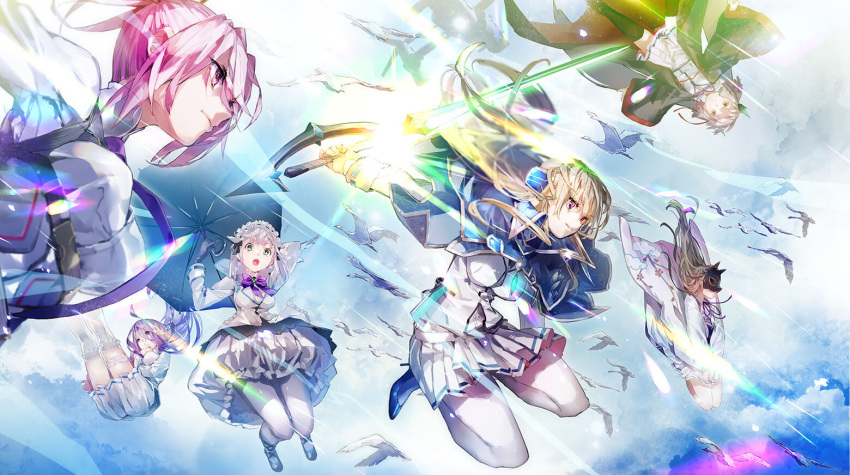 bird, black_coat, black_thighhighs, blonde_hair, blue_capelet, bow, bowtie, breasts