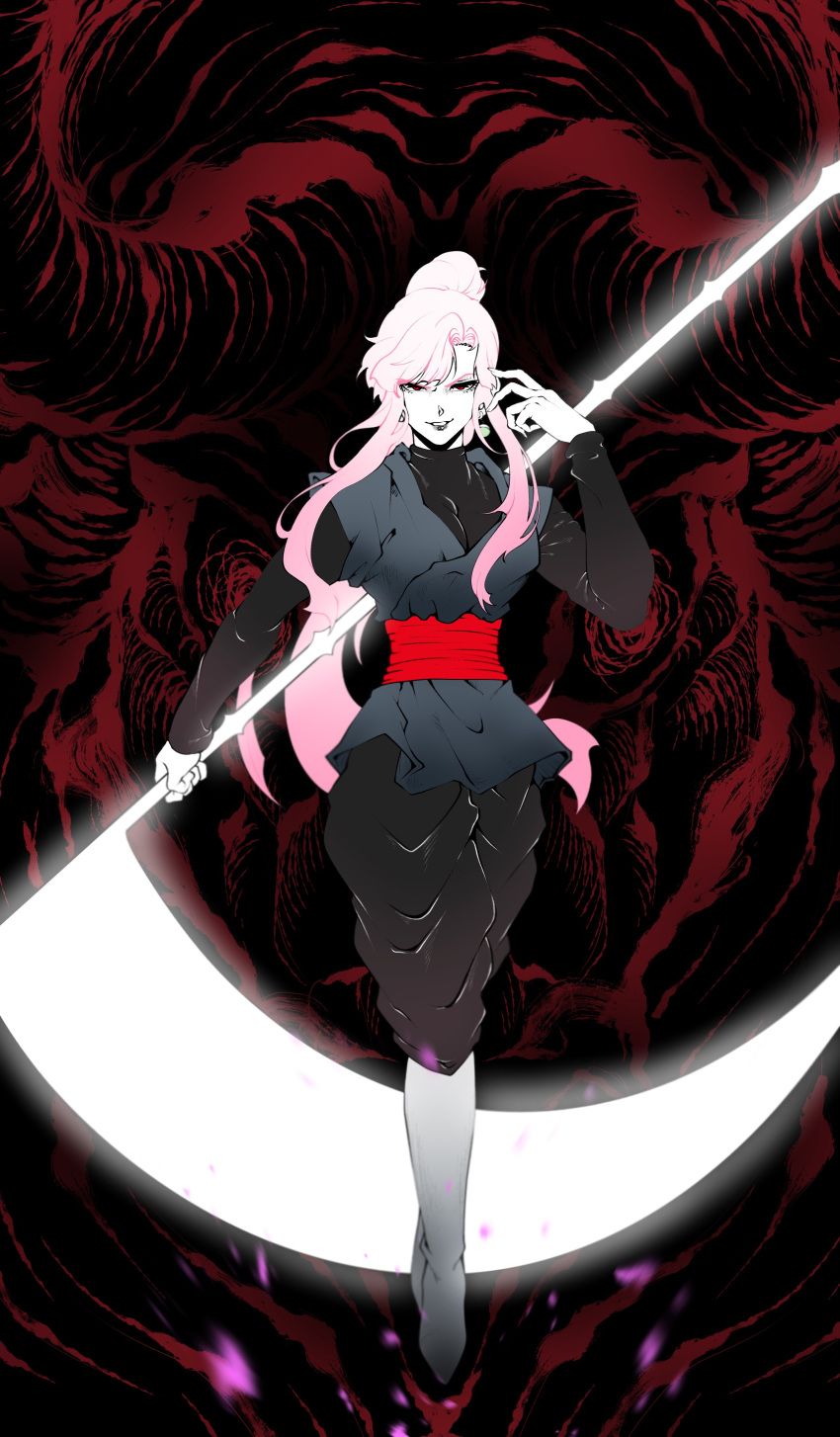 1girl, absurdres, alternate_costume, black_lips, bull, chi-chi_(dragon_ball), clinrollmuri, dragon_ball, dragon_ball_super, goku_black, highres, holding, holding_scythe, long_hair, pink_hair, red_eyes, scythe