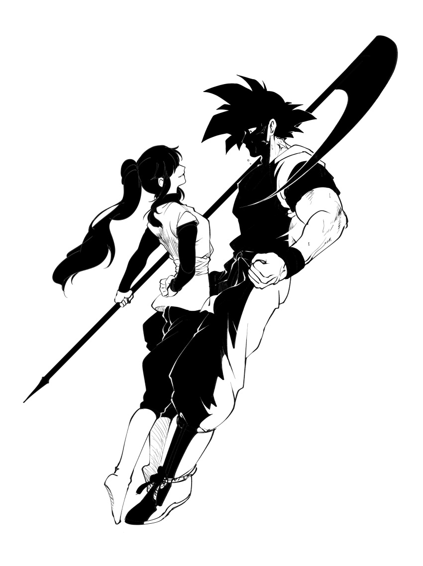 1boy, 1girl, absurdres, arm_behind_back, black_hair, chi-chi_(dragon_ball), clenched_hand, clinrollmuri