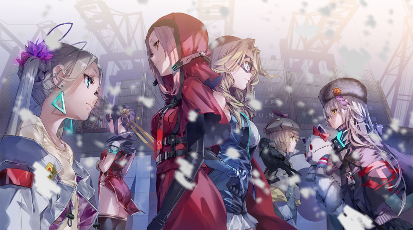 6+girls, bird, black_thighhighs, blonde_hair, bollard, breasts, brown_capelet, brown_headwear, cabbie_hat, capelet, carole_reaper, charlotta_skopovskaya, china_dress, chinese_clothes, container_ship, crow, dark_skin, dock, doll, dress, earrings, flower, grey_hair, hair_flower, hair_ornament, hair_ribbon, harbor, hat, heaven_burns_red, holding, holding_doll, irene_redmayne, jacket, jewelry, large_breasts, li_yingxia, long_hair, maria_de_angelis, mask, medium_hair, multiple_girls, nun, red_dress, redhead, ribbon, russian_clothes, shipping_container, sidelocks, small_breasts, stuffed_toy, superhero, sweater, team_31x_(heaven_burns_red), thigh-highs, triangle_earrings, twintails, vritika_balakrishnan, white_jacket